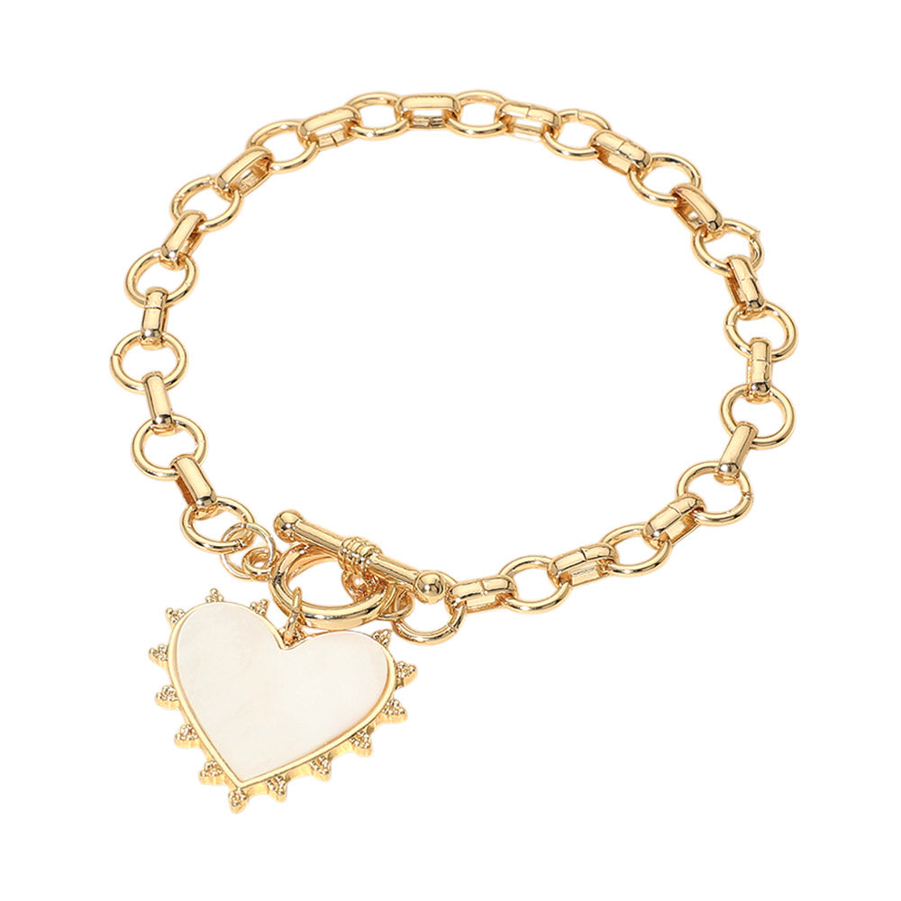 Madeline Love Gold Bead Mother of Pearl Heart Charm Toggle Chain Bracelet - Bracelets - desc