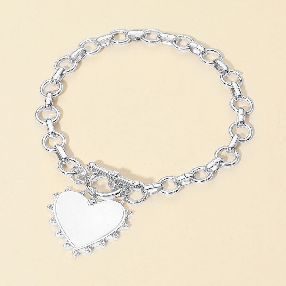 Madeline Love Rhodium Bead Mother of Pearl Heart Charm Toggle Chain Bracelet - Bracelets