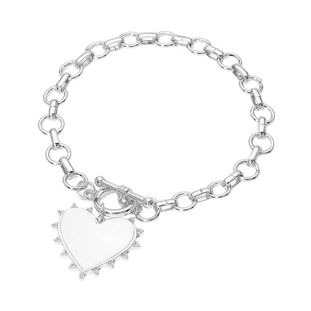 Madeline Love Rhodium Bead Mother of Pearl Heart Charm Toggle Chain Bracelet - Bracelets - desc