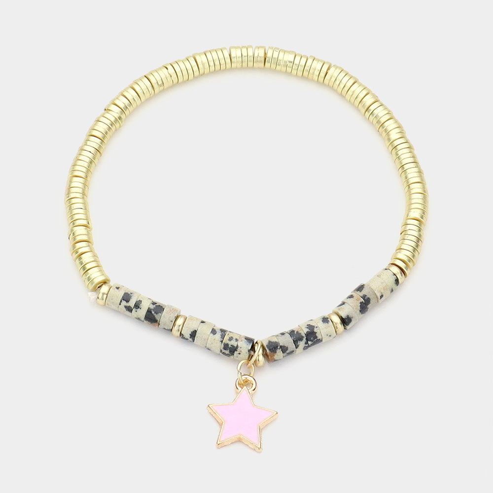 Madeline Love Black, Neutral Enamel Star Charm Natural Stone Stretch Bracelet - Bracelets