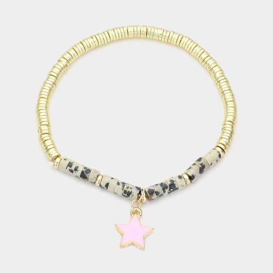 Madeline Love Black, Neutral Enamel Star Charm Natural Stone Stretch Bracelet - Bracelets