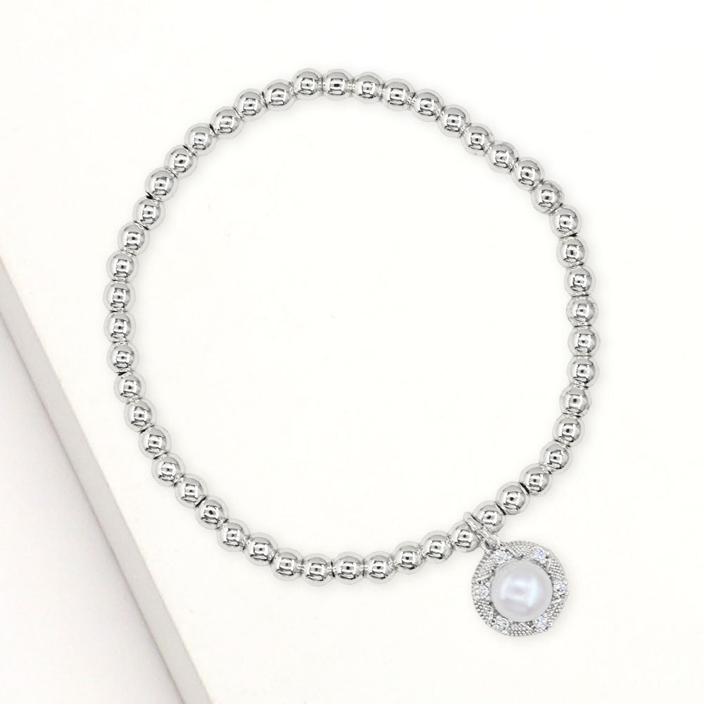 Madeline Love Silver Stainless Steel CZ Stone Rim Pearl Charm Stretch Bracelet
