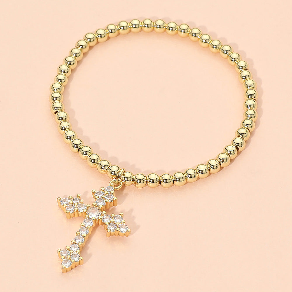 Madeline Love Gold Stainless Steel CZ Cross Charm Beaded Stretch Bracelet - Hair Accessories