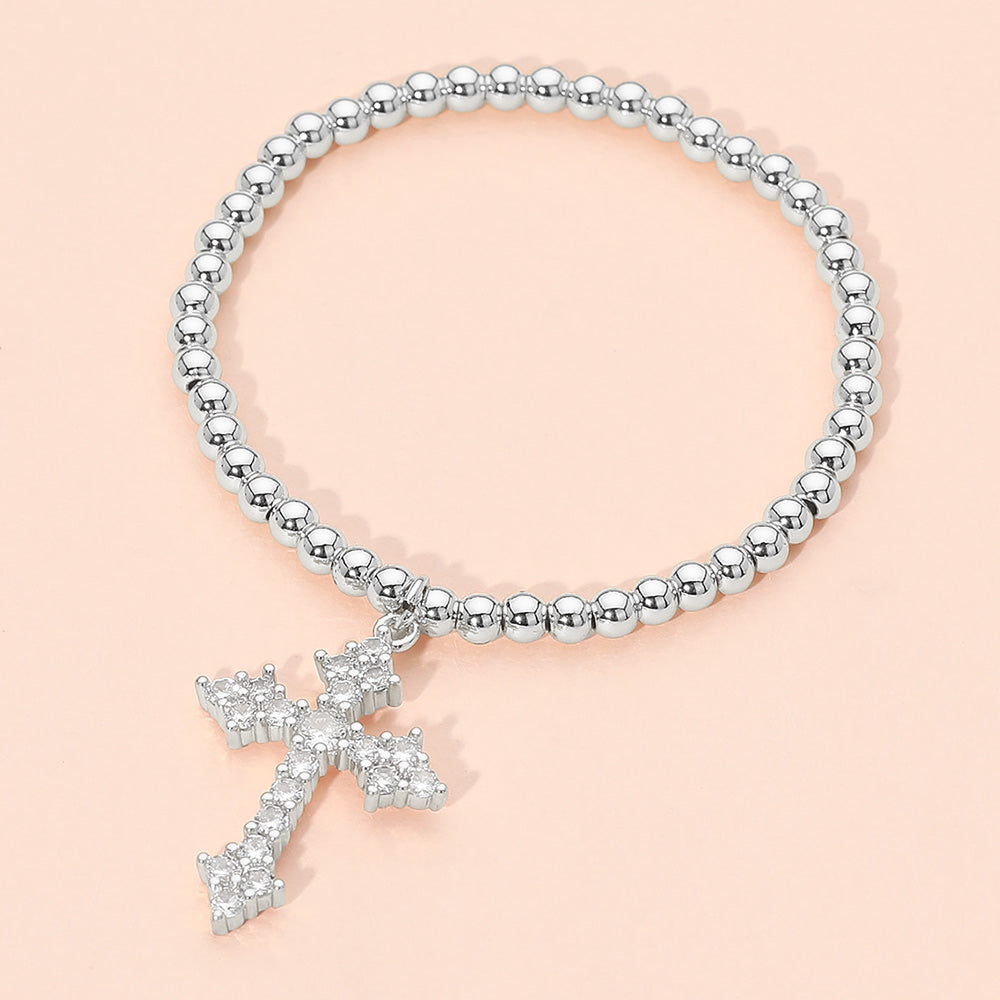 Madeline Love Silver Stainless Steel CZ Cross Charm Beaded Stretch Bracelet - Hair Accessories