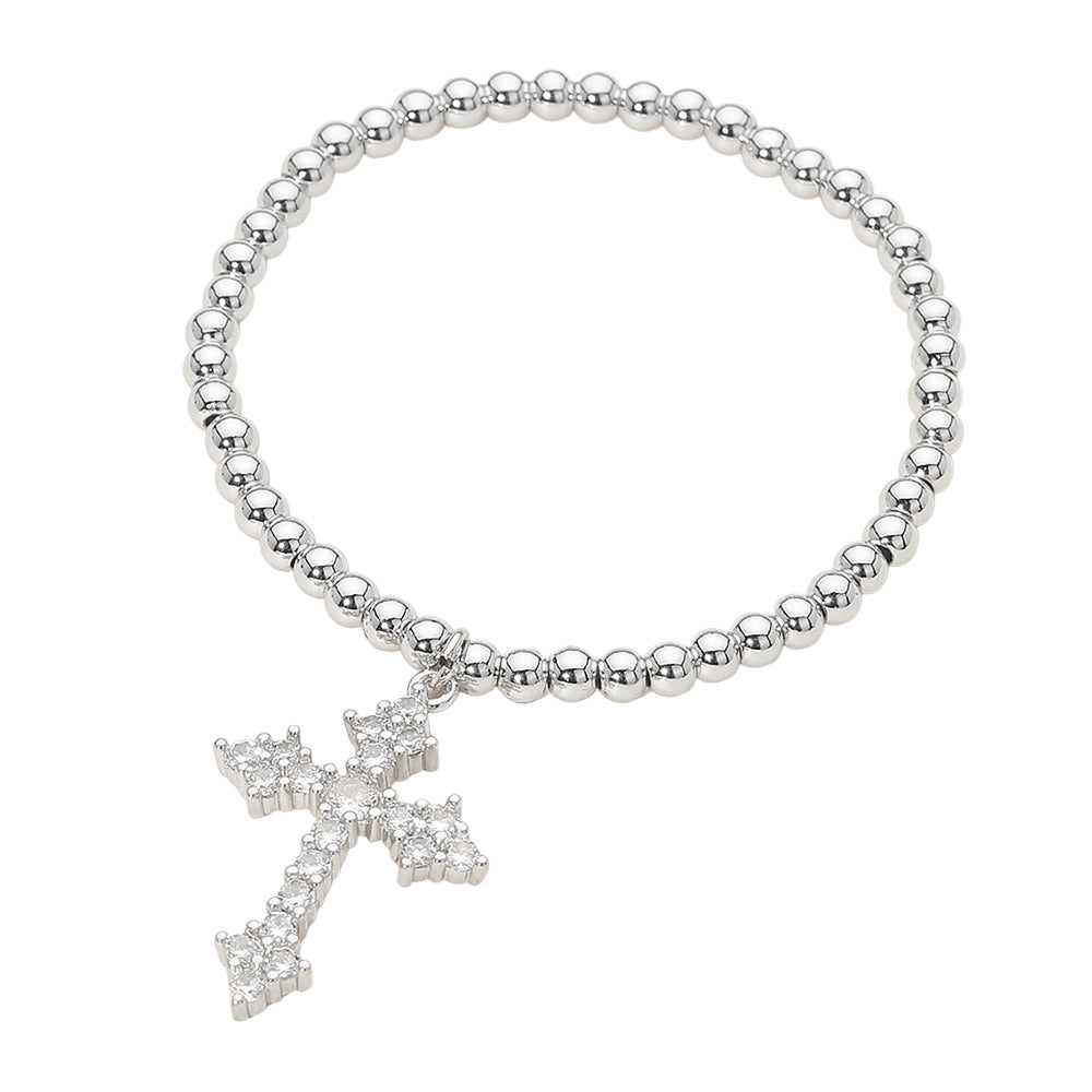 Madeline Love Silver Stainless Steel CZ Cross Charm Beaded Stretch Bracelet - Hair Accessories - desc