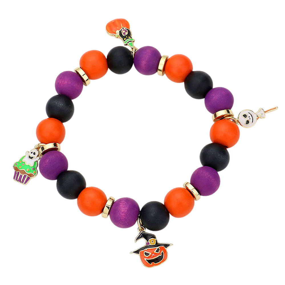 Madeline Love Gold, Multi Halloween Theme Charms Wood Beaded Stretch Bracelet - Bracelets - desc