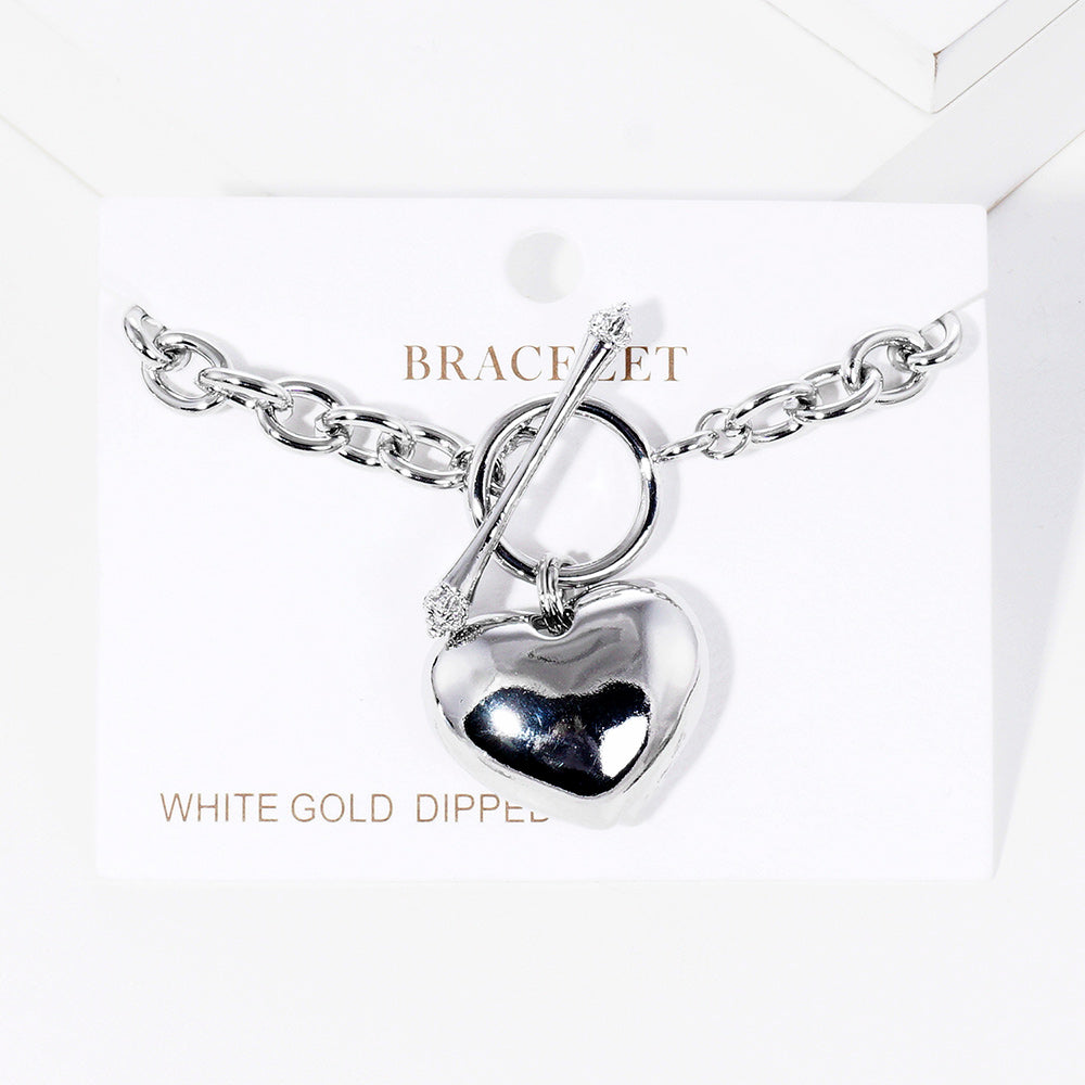 White Gold Dipped Metal Heart Charm Toggle Bracelet