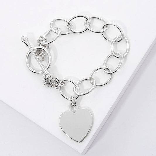 White Gold Dipped Metal Heart Lock Charm Toggle Bracelet