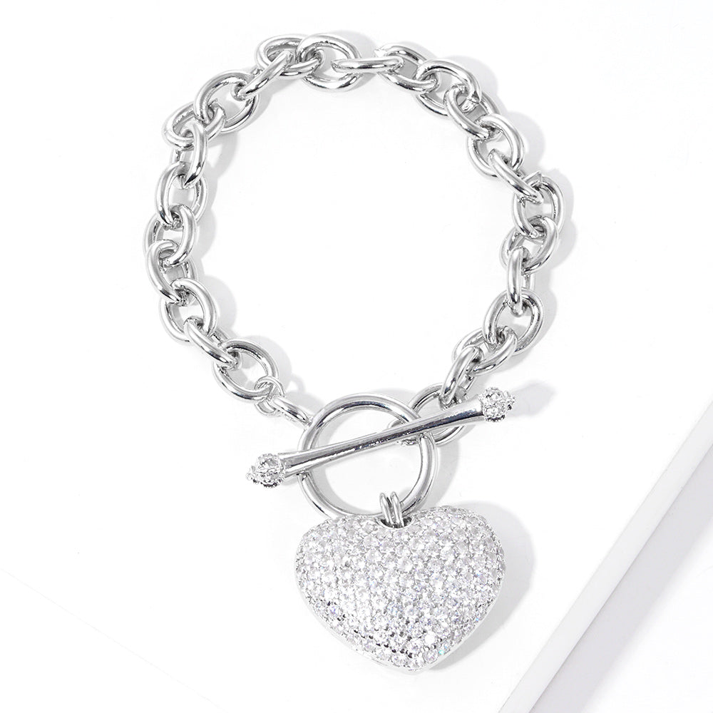 White Gold Dipped CZ Pave Heart Charm Toggle Bracelet