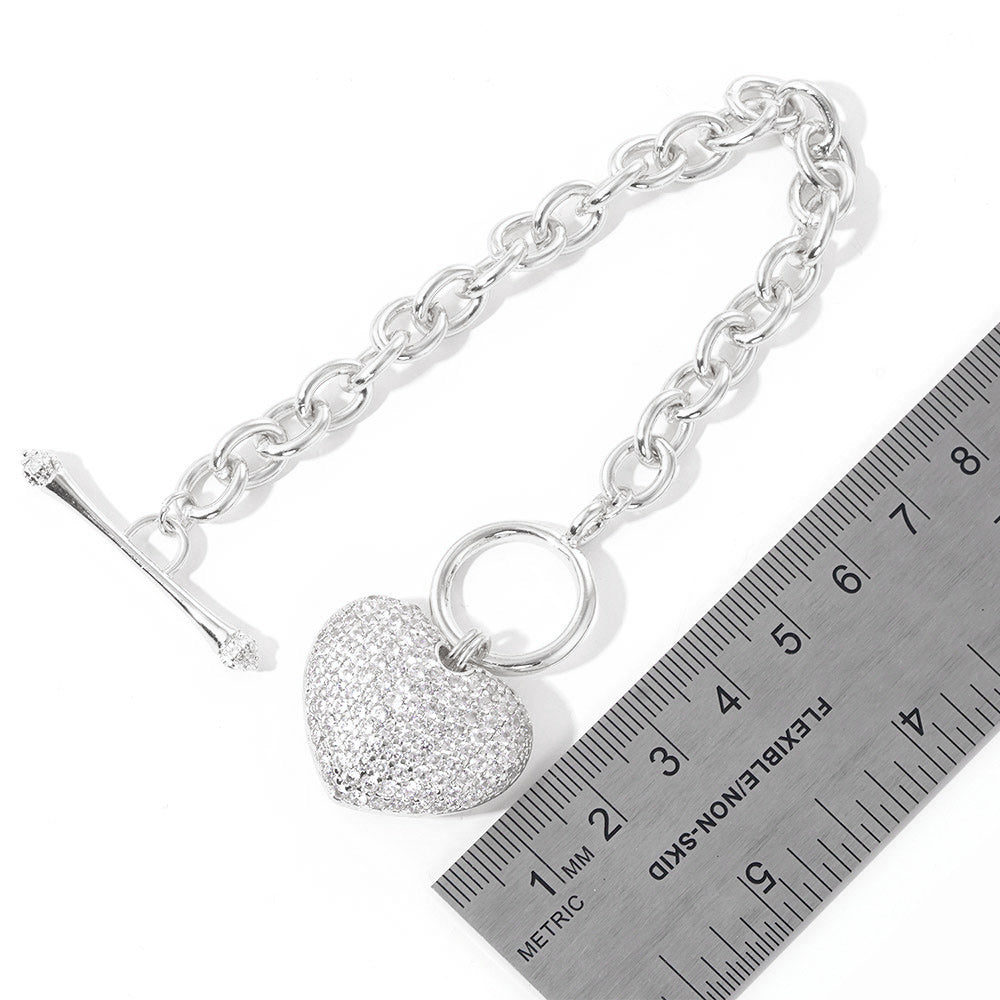 White Gold Dipped CZ Pave Heart Charm Toggle Bracelet