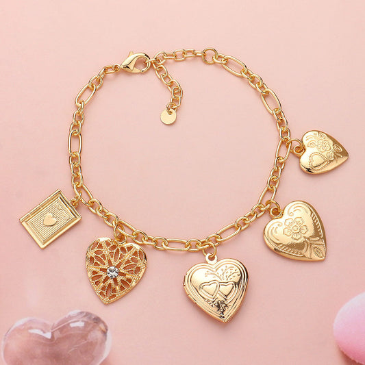 Metal Heart Locket Charm Station Paperclip Chain Bracelet