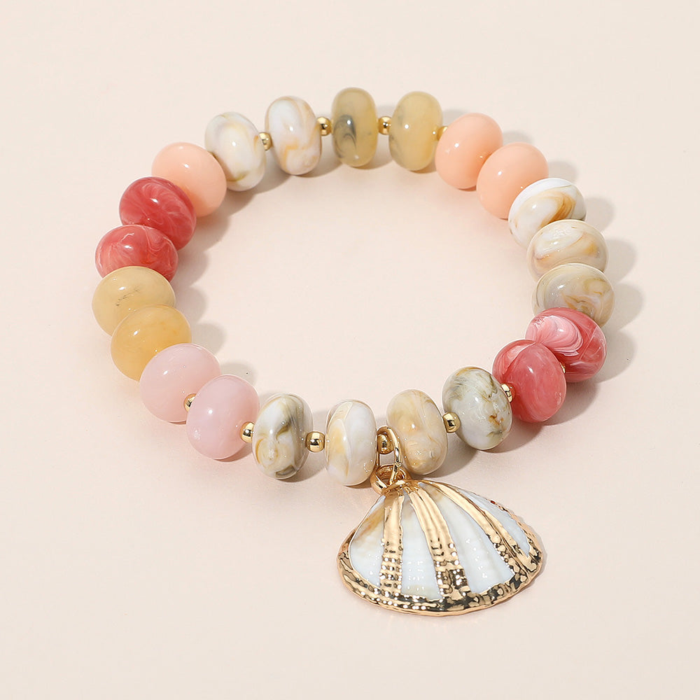 Madeline Love Beige, Gold Seashell Charm Accent Resin Pebble Beaded Stretch Bracelet - Bracelets