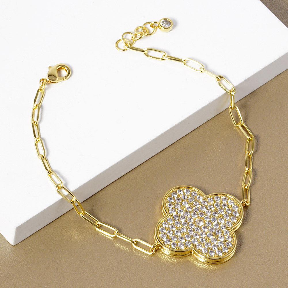 Madeline Love Clear, Gold Gold Dipped Stone Paved Quatrefoil Charm Pointed Paperclip Chain Bracelet