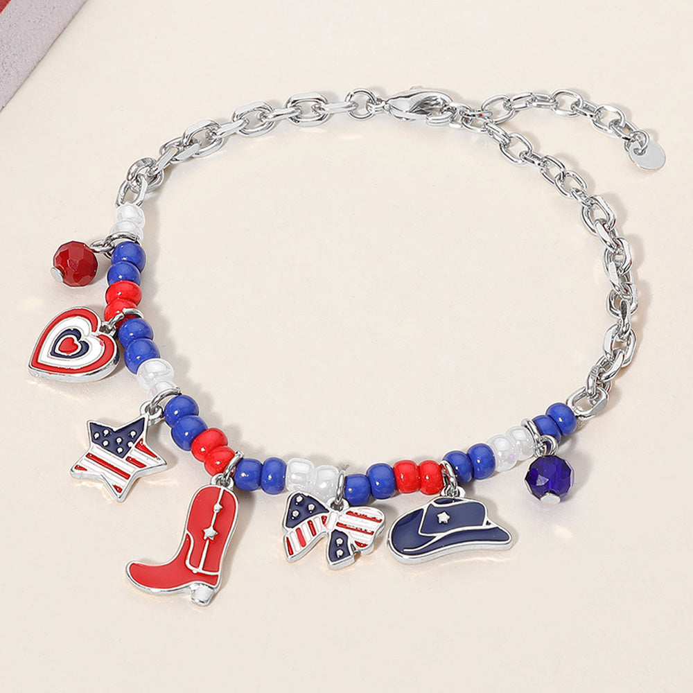 Madeline Love Multi, Rhodium Enamel American USA Flag Bow Heart Western Cowboy Boot Hat Charm Station Beaded Bracelet - Bracelets
