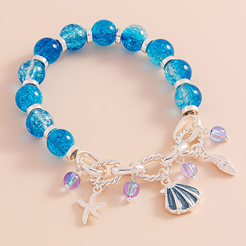 Blue Enamel Seashell Metal Starfish Beads Charm Beaded Stretch Bracelet