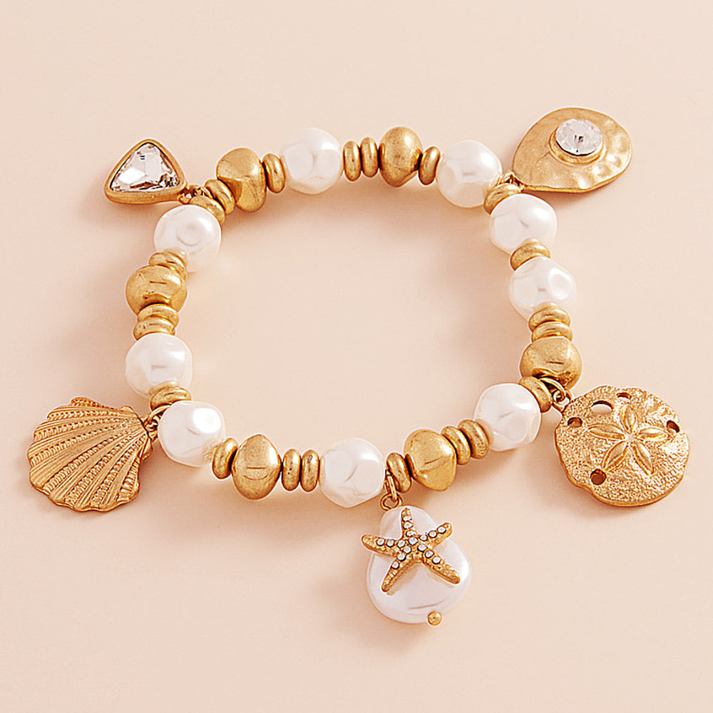 Madeline Love Matte gold Metal Shell Sand Dollar Pearl Starfish Charm Pearl Beaded Stretch Bracelet - Bracelets