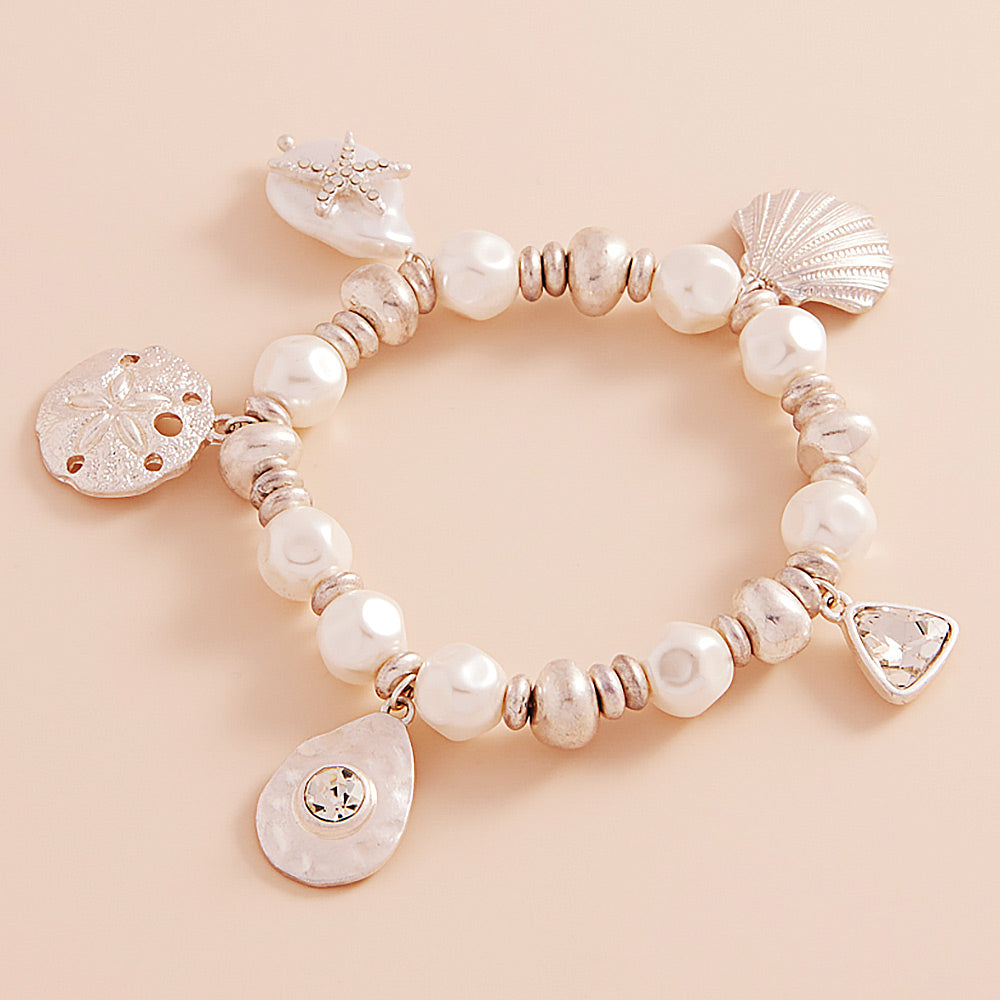 Madeline Love Matte Silver Metal Shell Sand Dollar Pearl Starfish Charm Pearl Beaded Stretch Bracelet - Bracelets