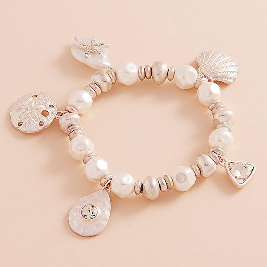 Madeline Love Matte Silver Metal Shell Sand Dollar Pearl Starfish Charm Pearl Beaded Stretch Bracelet - Bracelets