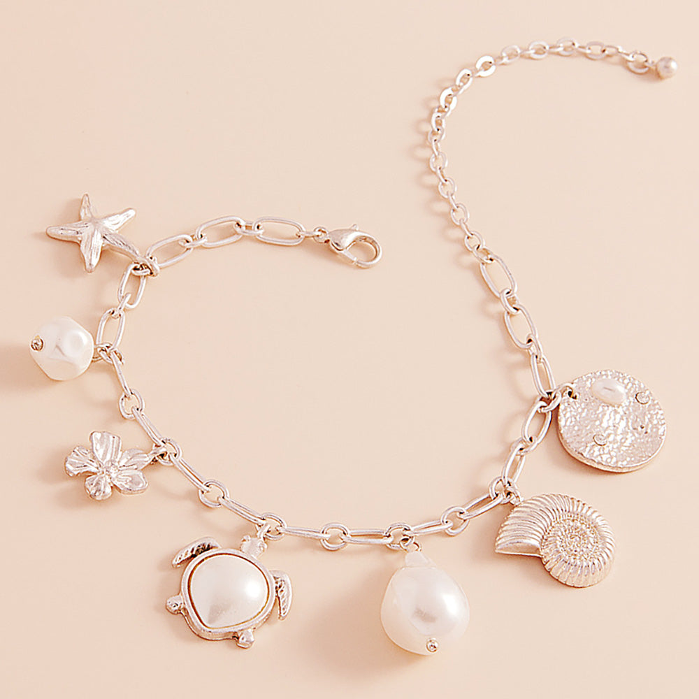 Matte Silver Pearl Turtle Starfish Shell Flower Charm Station Paperclip Chain Bracelet