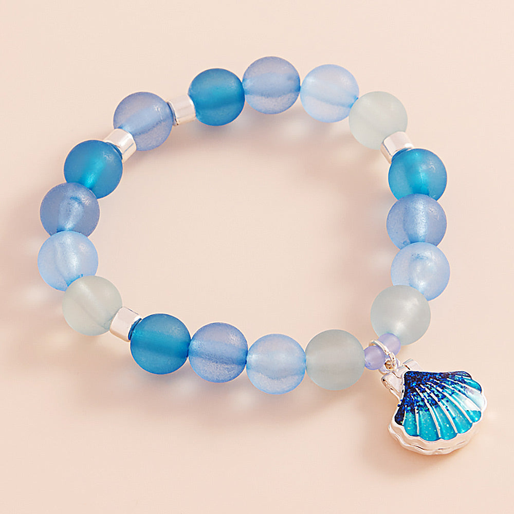 Blue Enamel Seashell Locket Charm Beaded Stretch Bracelet