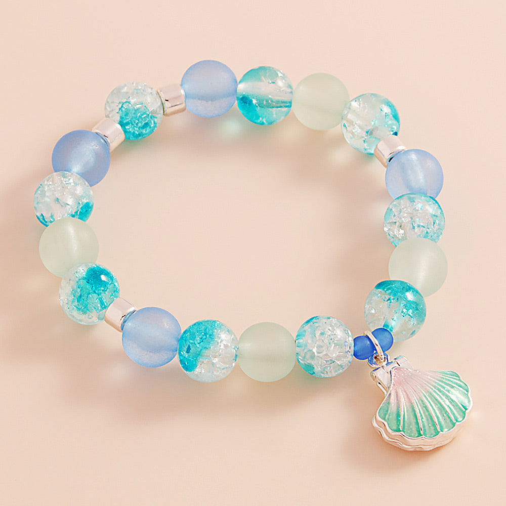 Multi Enamel Seashell Locket Charm Beaded Stretch Bracelet