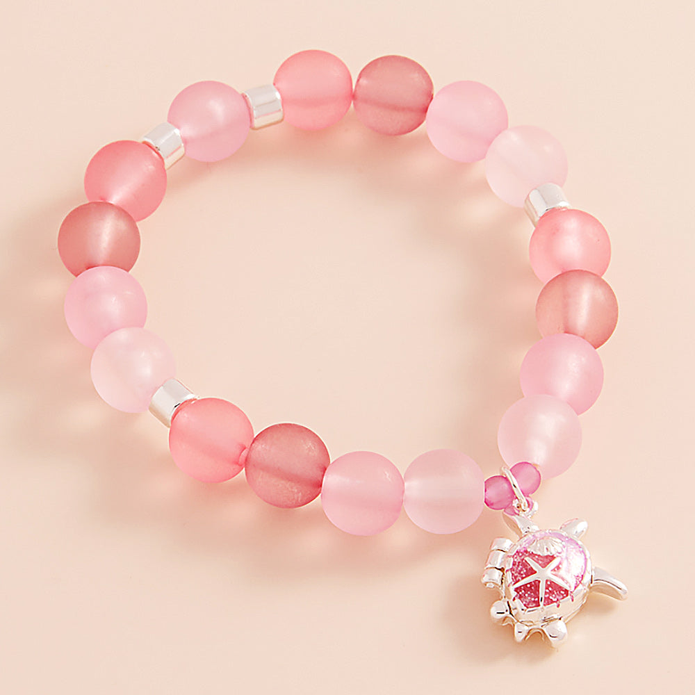 Madeline Love Pink Enamel Turtle Locket Charm Beaded Stretch Bracelet - Bracelets