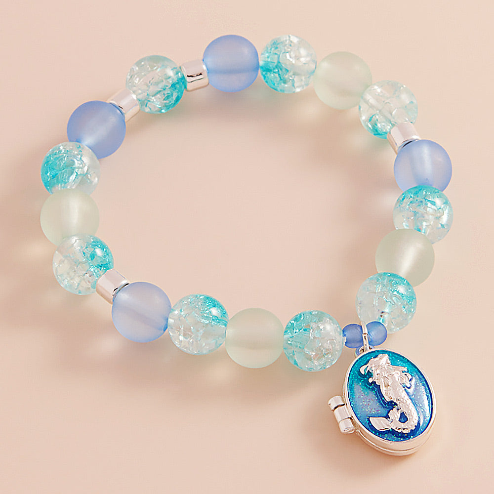Turquoise Enamel Oval Mermaid Locket Charm Beaded Stretch Bracelet