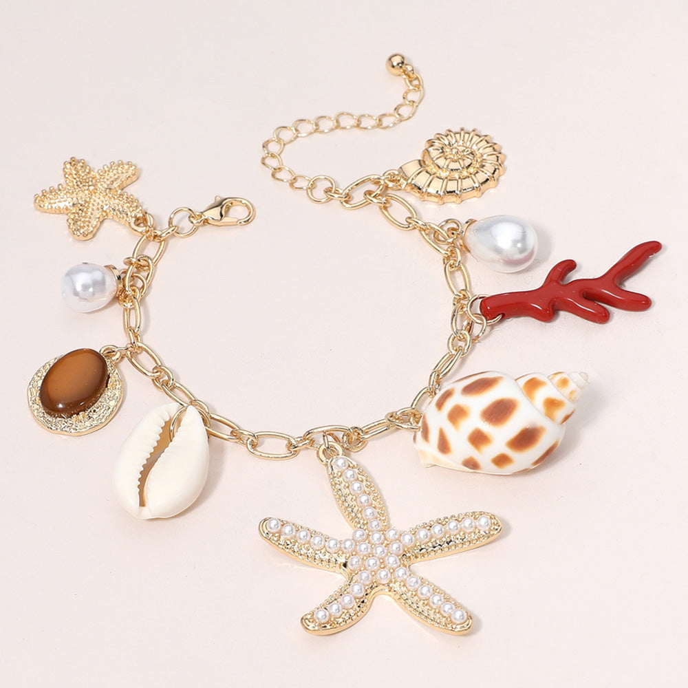 Madeline Love Cream, Gold Pearl Paved Starfish Puka Shell Peal Charm Station Chain Bracelet - Jewelry