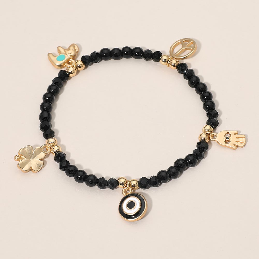 Madeline Love Black, Gold Evil Eye Clover Peace Elephant Hamsa Hand Charm Beaded Stretch Bracelet - Bracelets