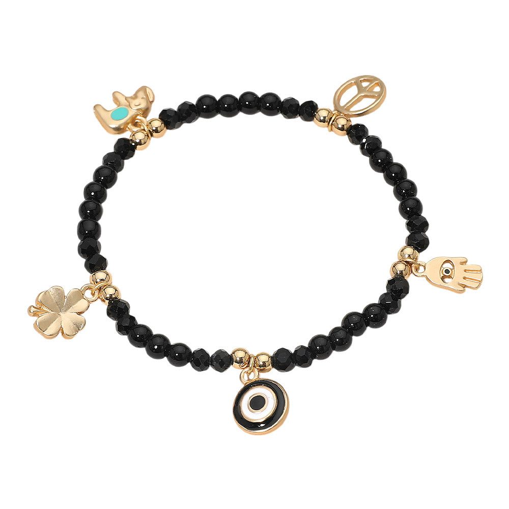 Madeline Love Black, Gold Evil Eye Clover Peace Elephant Hamsa Hand Charm Beaded Stretch Bracelet - Bracelets - desc