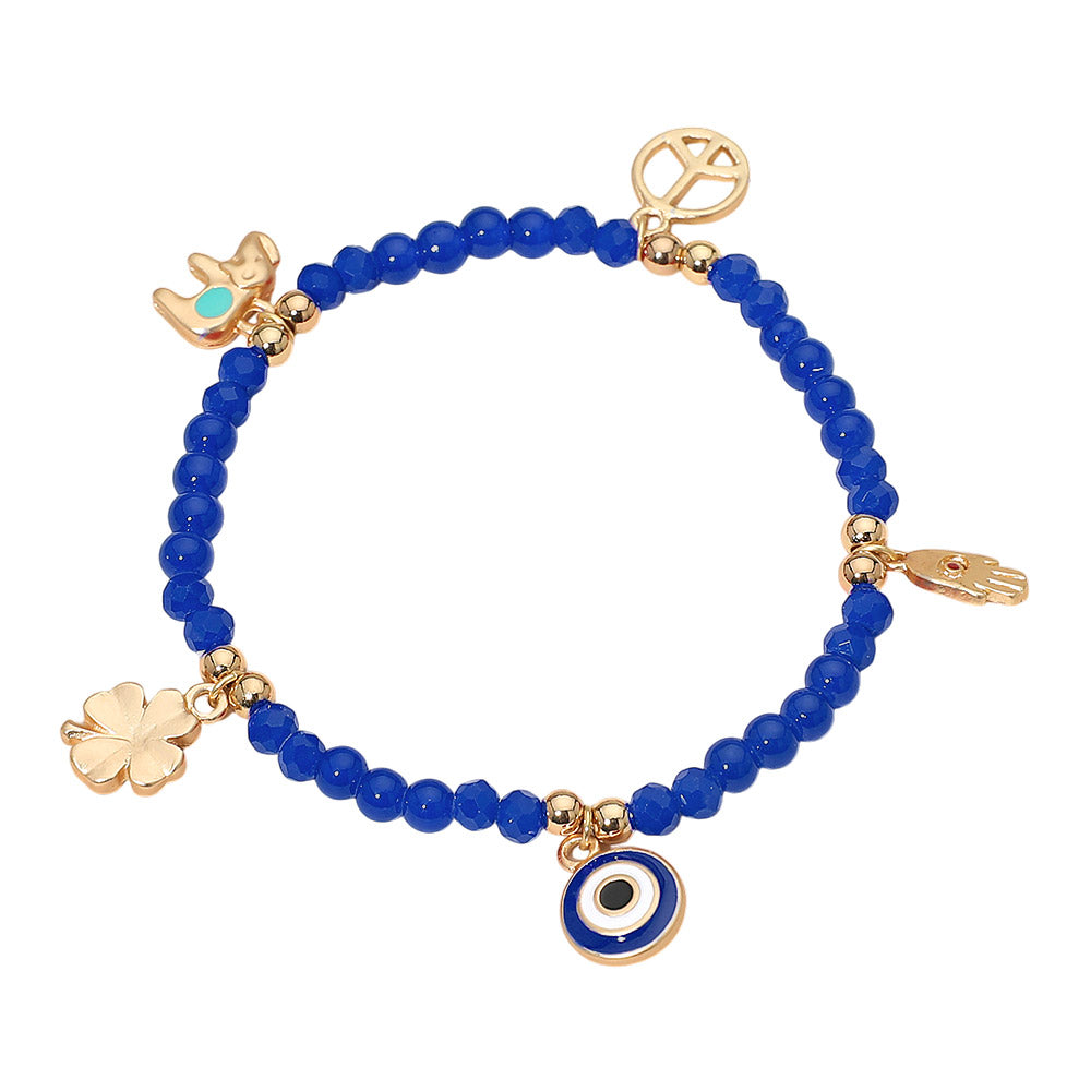 Madeline Love Blue, Gold Evil Eye Clover Peace Elephant Hamsa Hand Charm Beaded Stretch Bracelet - Bracelets - extra