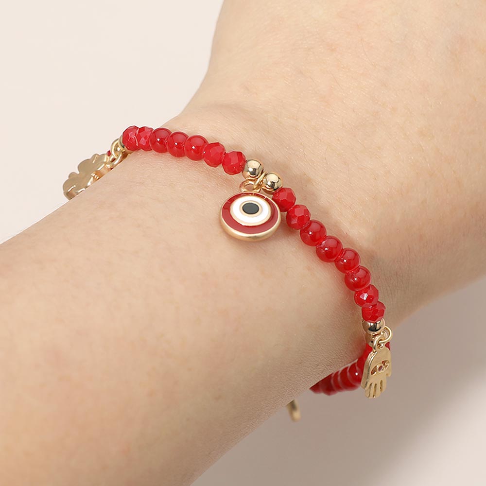Madeline Love Gold, Red Evil Eye Clover Peace Elephant Hamsa Hand Charm Beaded Stretch Bracelet - Bracelets