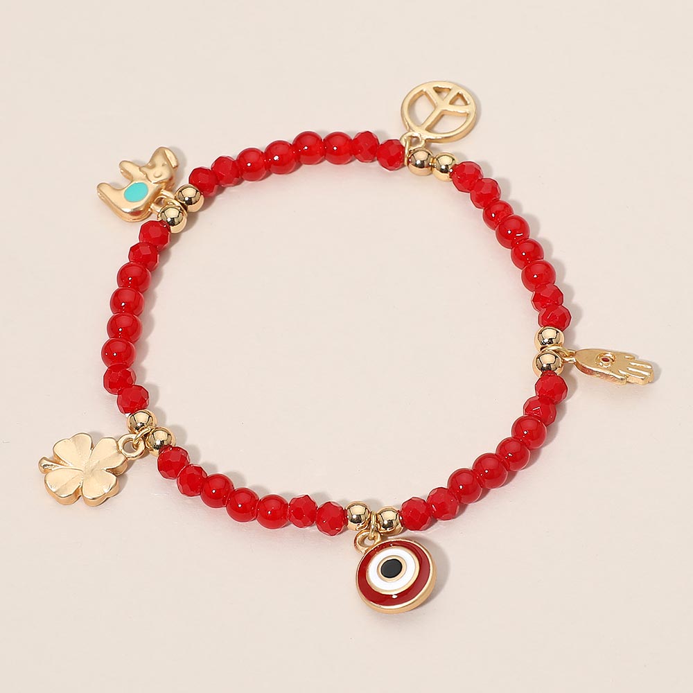 Madeline Love Gold, Red Evil Eye Clover Peace Elephant Hamsa Hand Charm Beaded Stretch Bracelet - Bracelets - desc