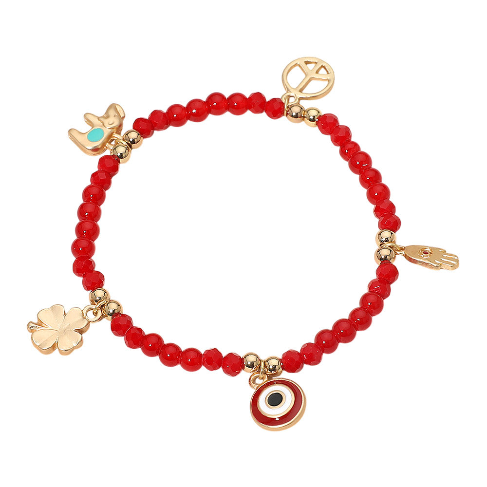 Madeline Love Gold, Red Evil Eye Clover Peace Elephant Hamsa Hand Charm Beaded Stretch Bracelet - Bracelets - extra