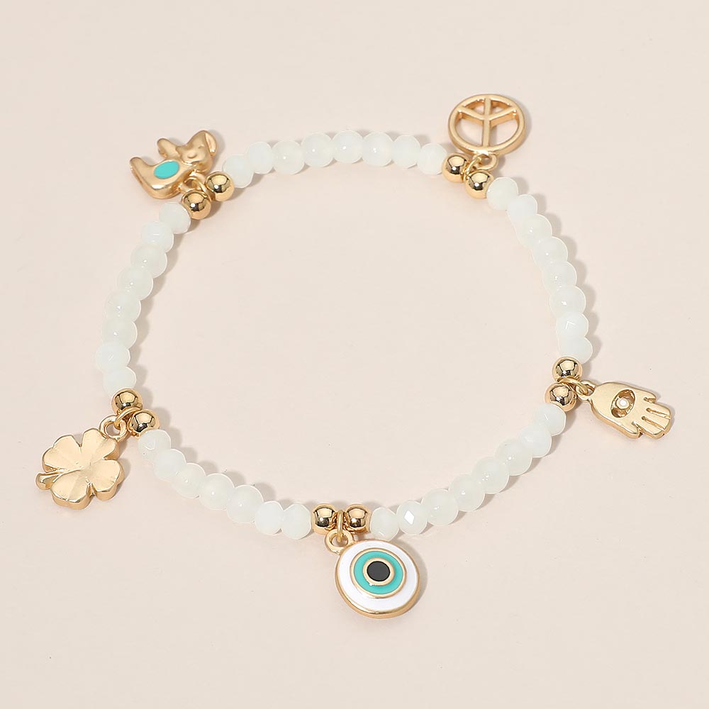 Madeline Love Gold, White Evil Eye Clover Peace Elephant Hamsa Hand Charm Beaded Stretch Bracelet - Bracelets