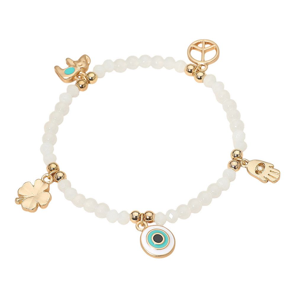 Madeline Love Gold, White Evil Eye Clover Peace Elephant Hamsa Hand Charm Beaded Stretch Bracelet - Bracelets - desc