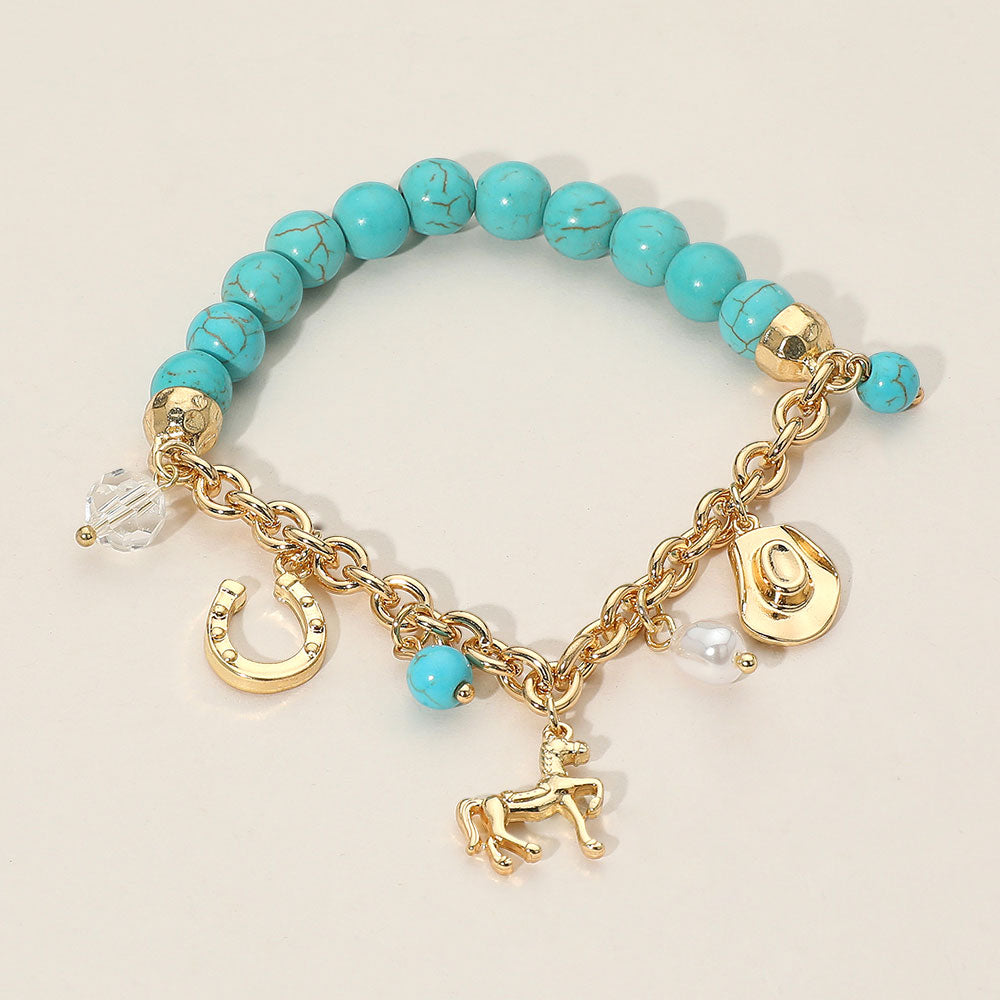 Madeline Love Gold SECRET BOX_Western Horse Horse Shoe Cowboy Hat Pearl Charm Beaded Stretch Bracelet - Bracelets