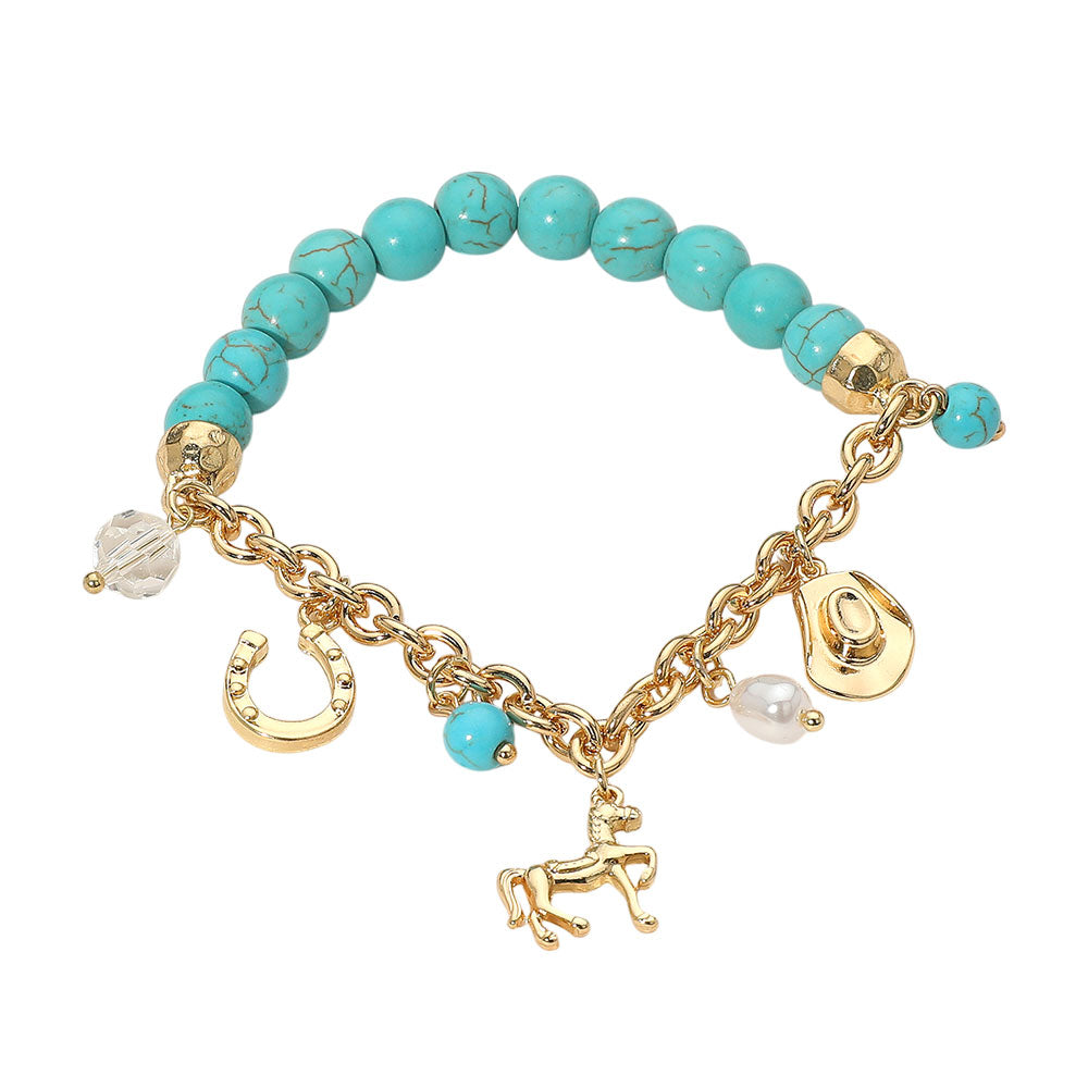 Madeline Love Gold SECRET BOX_Western Horse Horse Shoe Cowboy Hat Pearl Charm Beaded Stretch Bracelet - Bracelets - desc
