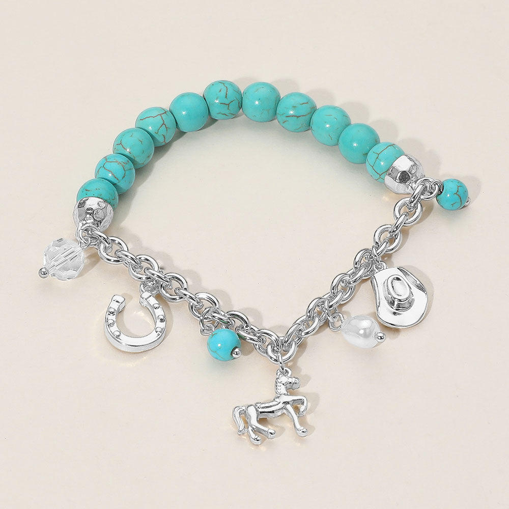 Madeline Love Silver SECRET BOX_Western Horse Horse Shoe Cowboy Hat Pearl Charm Beaded Stretch Bracelet - Bracelets