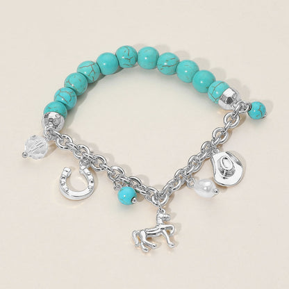Madeline Love Silver SECRET BOX_Western Horse Horse Shoe Cowboy Hat Pearl Charm Beaded Stretch Bracelet - Bracelets