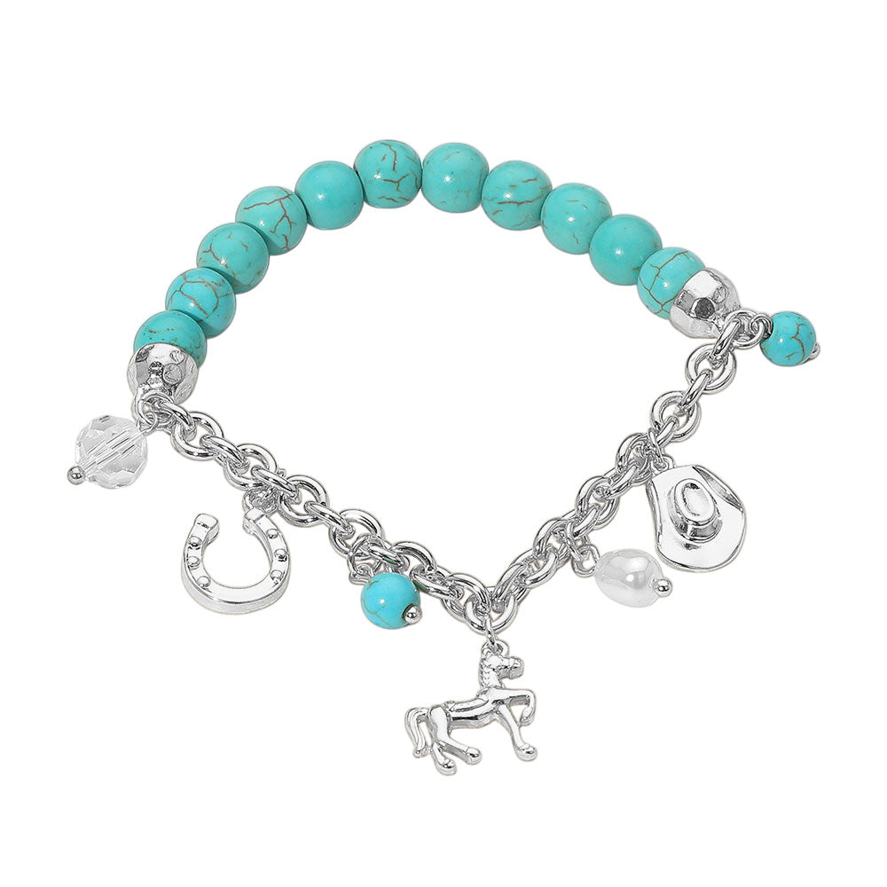 Madeline Love Silver SECRET BOX_Western Horse Horse Shoe Cowboy Hat Pearl Charm Beaded Stretch Bracelet - Bracelets - desc