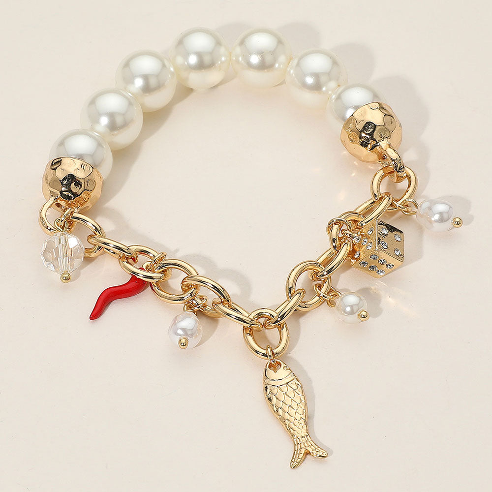 Madeline Love Gold SECRET BOX_Fish Dice Chili Charm Pearl Beaded Stretch Bracelet - Bracelets