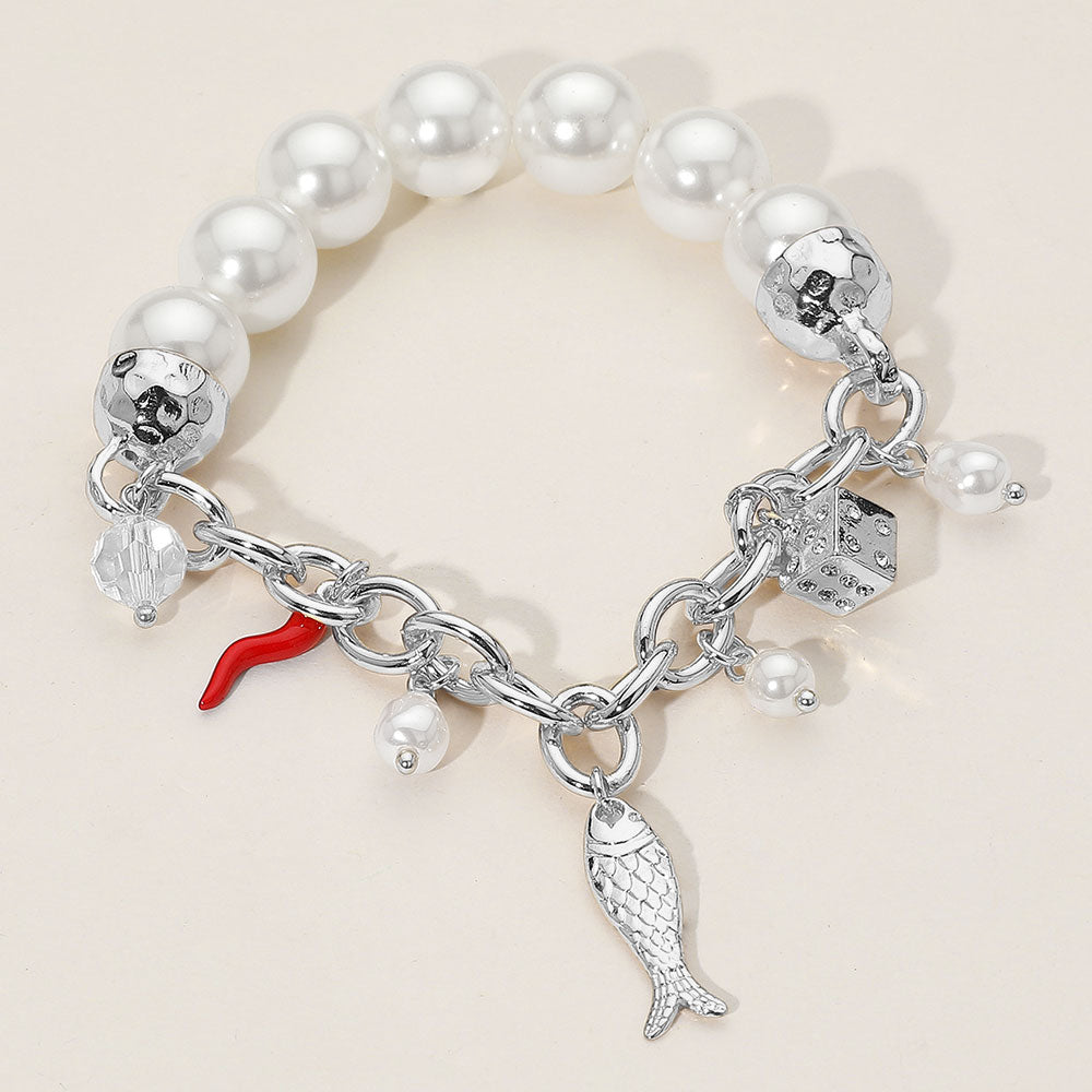 Madeline Love Rhodium SECRET BOX_Fish Dice Chili Charm Pearl Beaded Stretch Bracelet - Bracelets