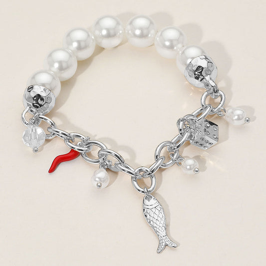 Madeline Love Rhodium SECRET BOX_Fish Dice Chili Charm Pearl Beaded Stretch Bracelet - Bracelets