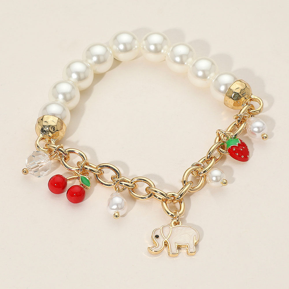 Madeline Love Gold SECRET BOX_Elephant Cherry Strawberry Charm Pearl Beaded Stretch Bracelet - Bracelets