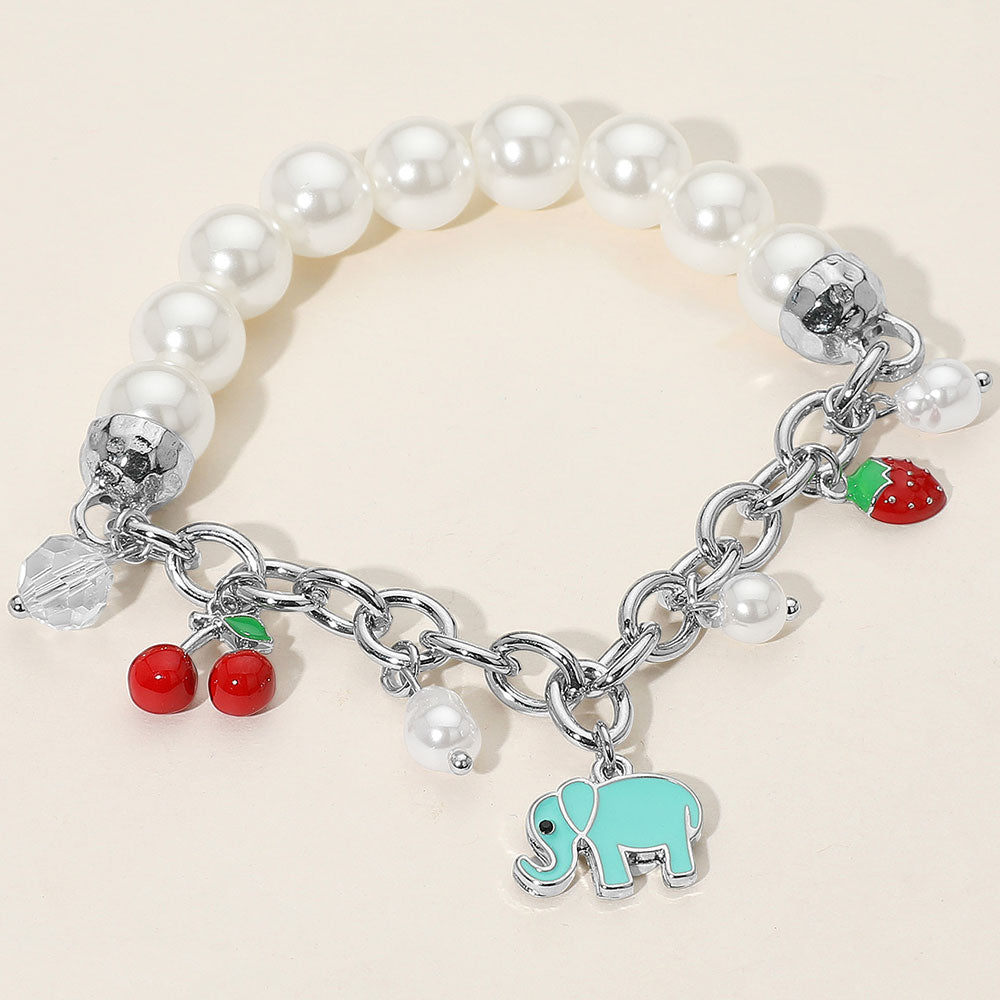 Madeline Love Silver SECRET BOX_Elephant Cherry Strawberry Charm Pearl Beaded Stretch Bracelet - Bracelets