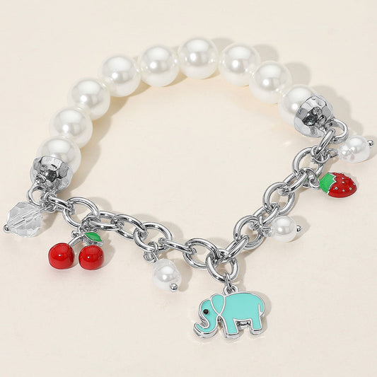 Madeline Love Silver SECRET BOX_Elephant Cherry Strawberry Charm Pearl Beaded Stretch Bracelet - Bracelets