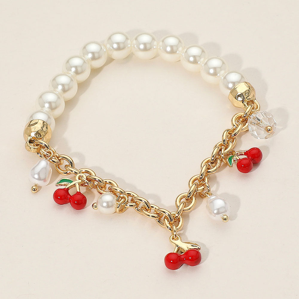 Madeline Love Gold SECET BOX_Cherry Charm Pearl Beaded Stretch Bracelet - Bracelets