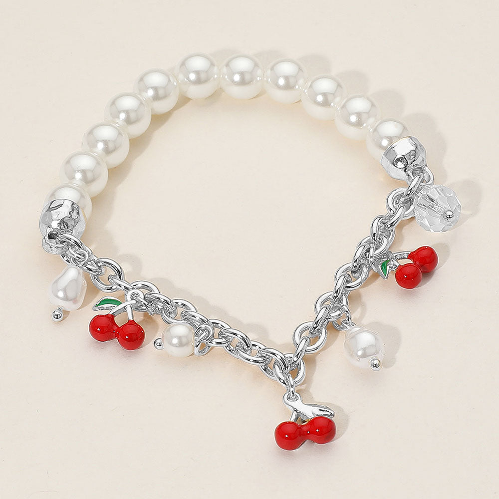 Madeline Love Silver SECET BOX_Cherry Charm Pearl Beaded Stretch Bracelet - Bracelets