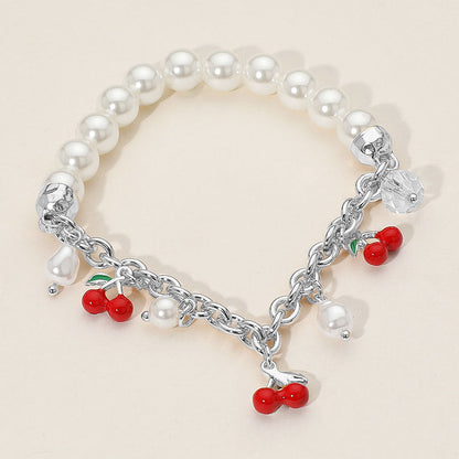 Madeline Love Silver SECET BOX_Cherry Charm Pearl Beaded Stretch Bracelet - Bracelets